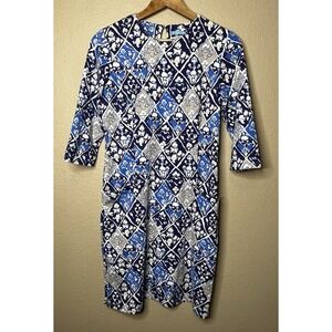 J. McLaughlin Catalyst Deco Kite Blue Sheath Fitted Dress Medium Nylon Stretch